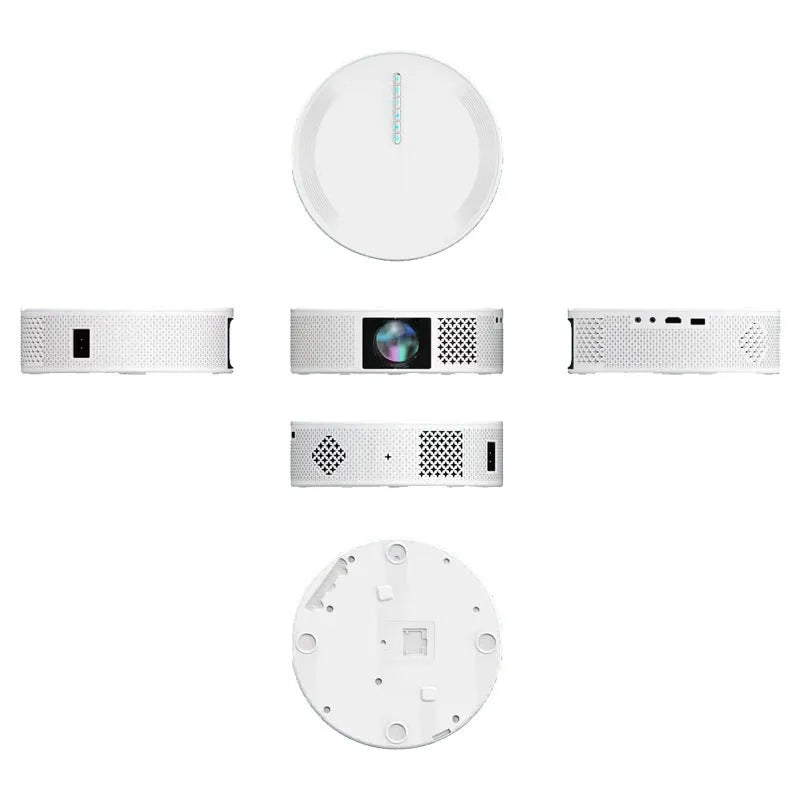 White plastic 720p wireless HD projector with electric focus, remote control, and power cord for home office or theater use.