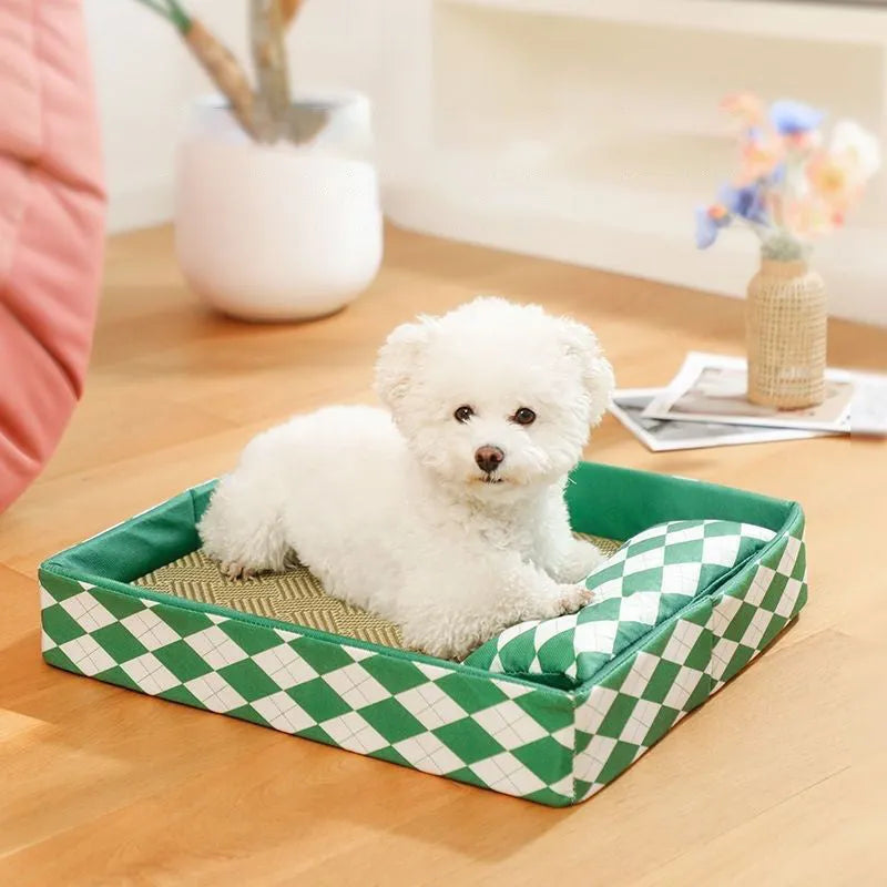 Blue woven rattan cat mat with raised edges, shown beside a cat litter tray.
