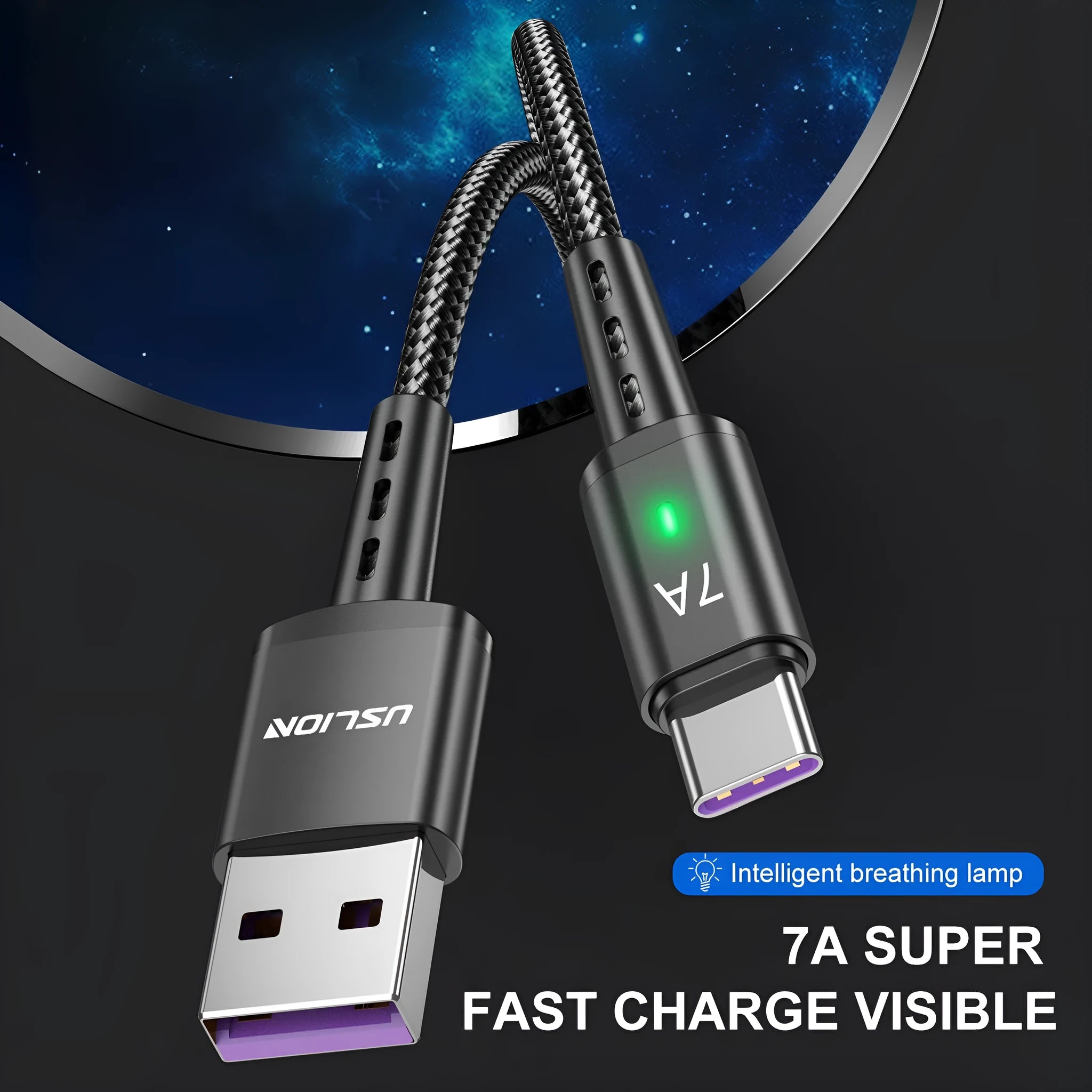 Braided Type-C charging cable with aluminium alloy connector in 2 metre length on a plain background