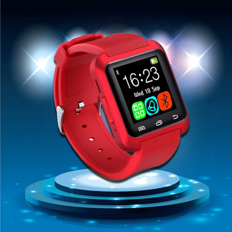 U8 Smart Bluetooth Watch in black, red, or white showing a call screen on its display.