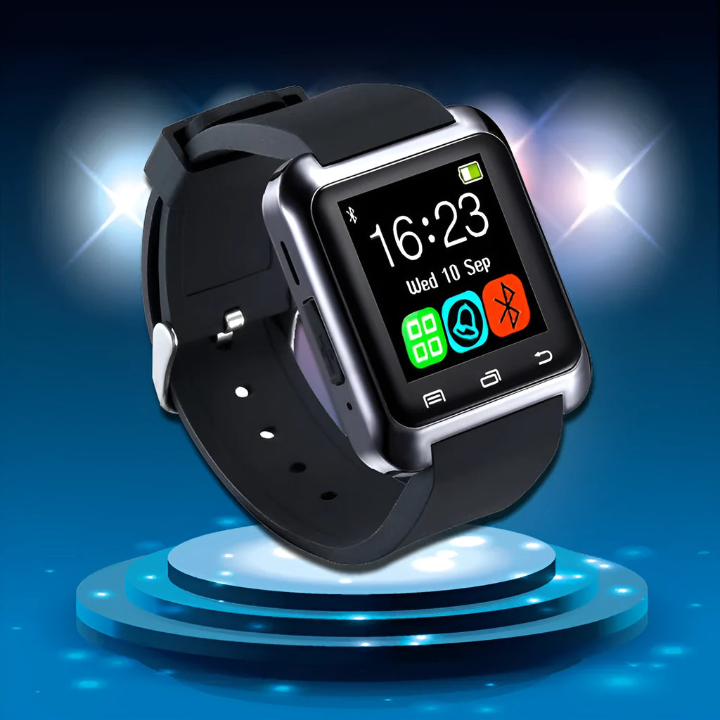 U8 Smart Bluetooth Watch in black, red, or white showing a call screen on its display.