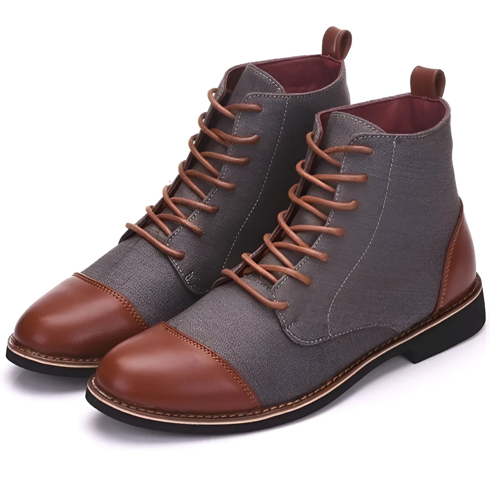 Men's black leather motorcycle boots with metal buckle straps on a thick rubber sole.