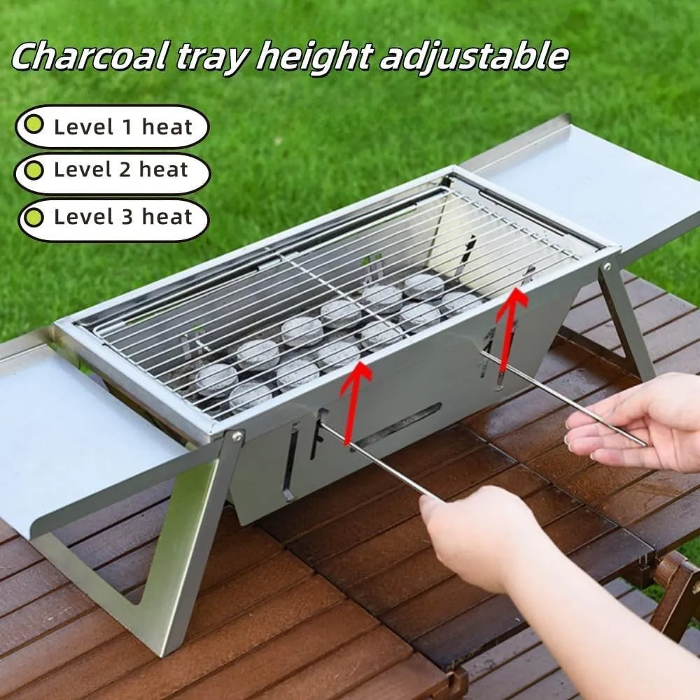 Flat-folded portable charcoal barbecue grill next to its unfolded cooking position