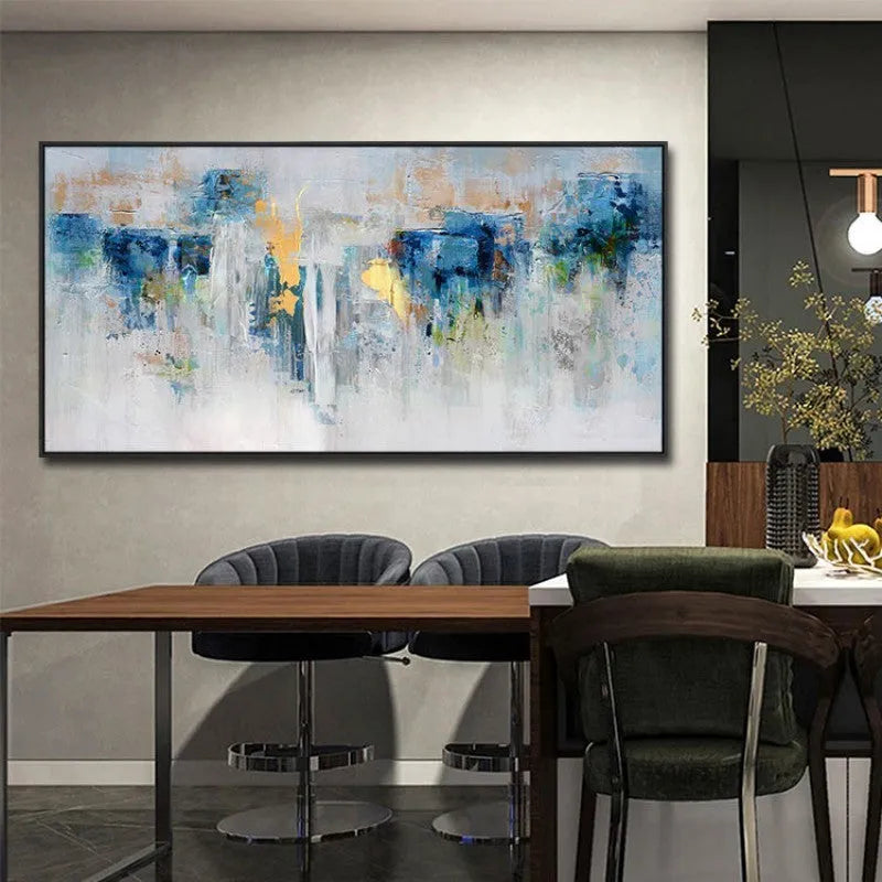 Handmade modern abstract oil painting on canvas blue and gold horizontal landscape frameless unstretched rolled