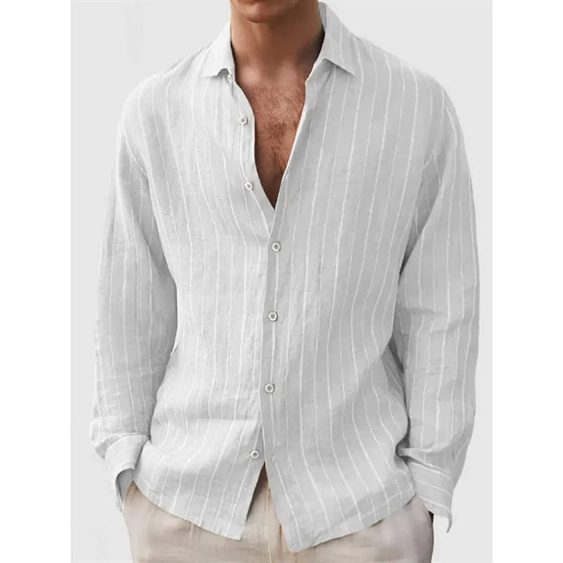 Men's long sleeve striped polyester shirt in loose fit cardigan style available in multiple colours and sizes XS to 5XL