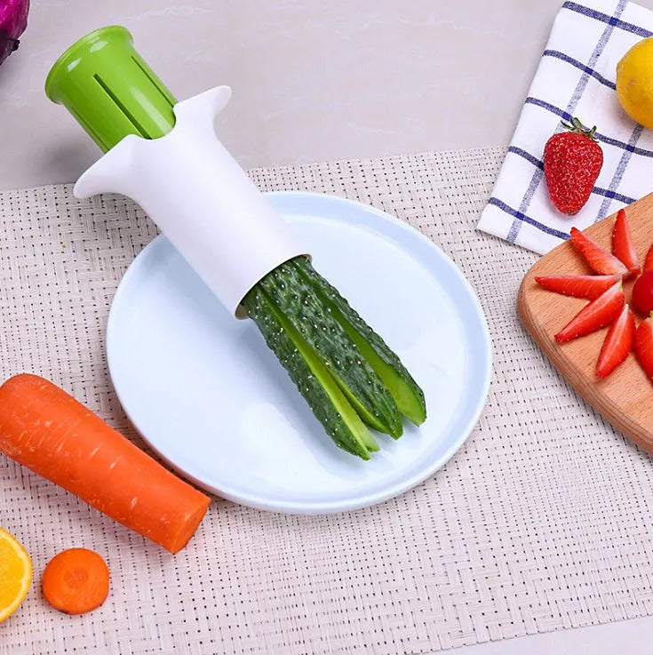 White kitchen vegetable and fruit slicer with six stainless steel blades.