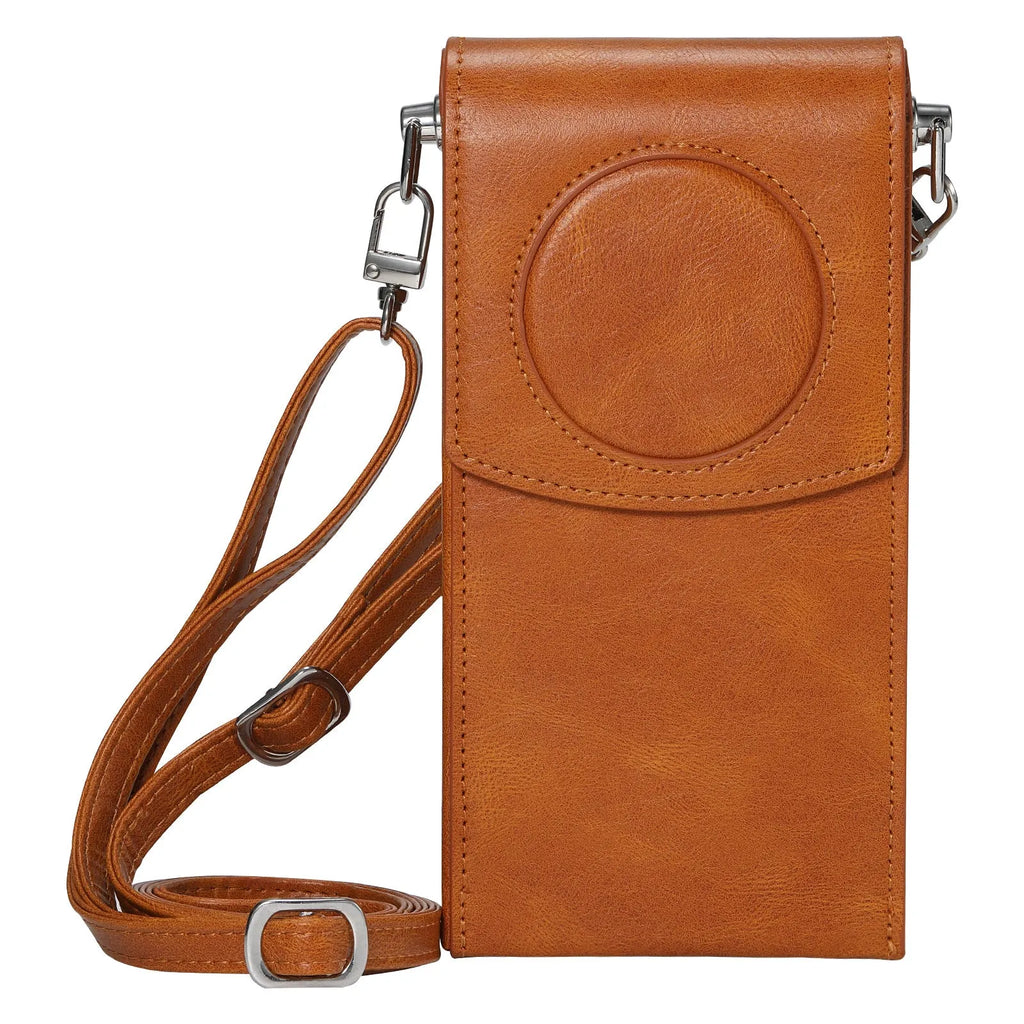Brown leather storage bag for Apple Vision Pro power supply, portable satchel protective sleeve