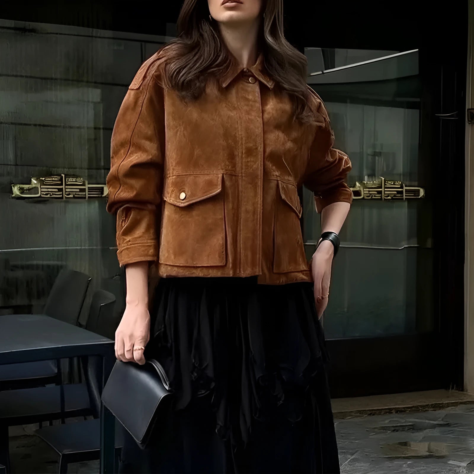 Women's brown suede-effect street chic coat with regular sleeves on a hanger