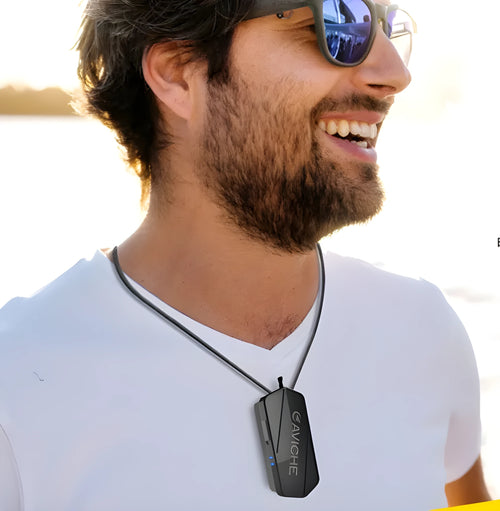 Black plastic portable air purifier necklace worn around the neck.