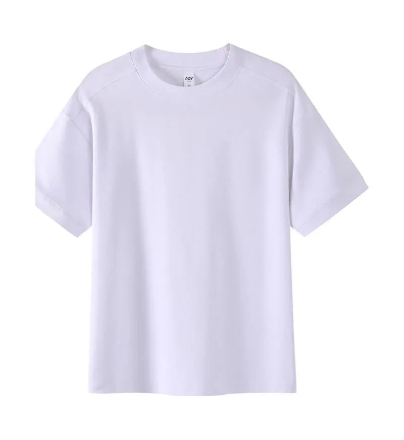Breathable cotton pique short-sleeved T-shirt in a loose pullover style on a solid colour background.