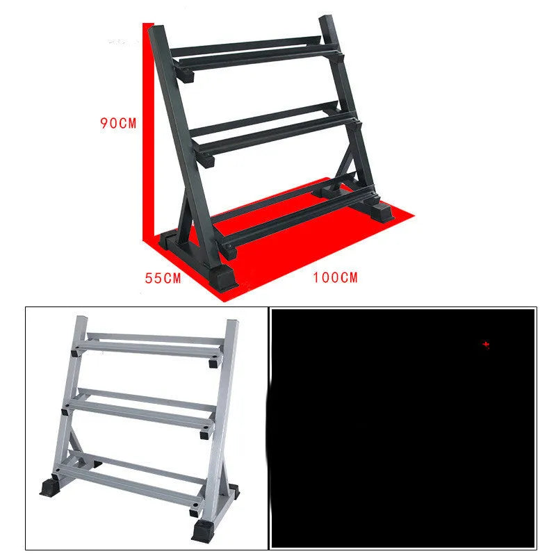 Black three-layer dumbbell rack, 940 x 500 x 950mm, square tube and angle iron frame for home gym storage