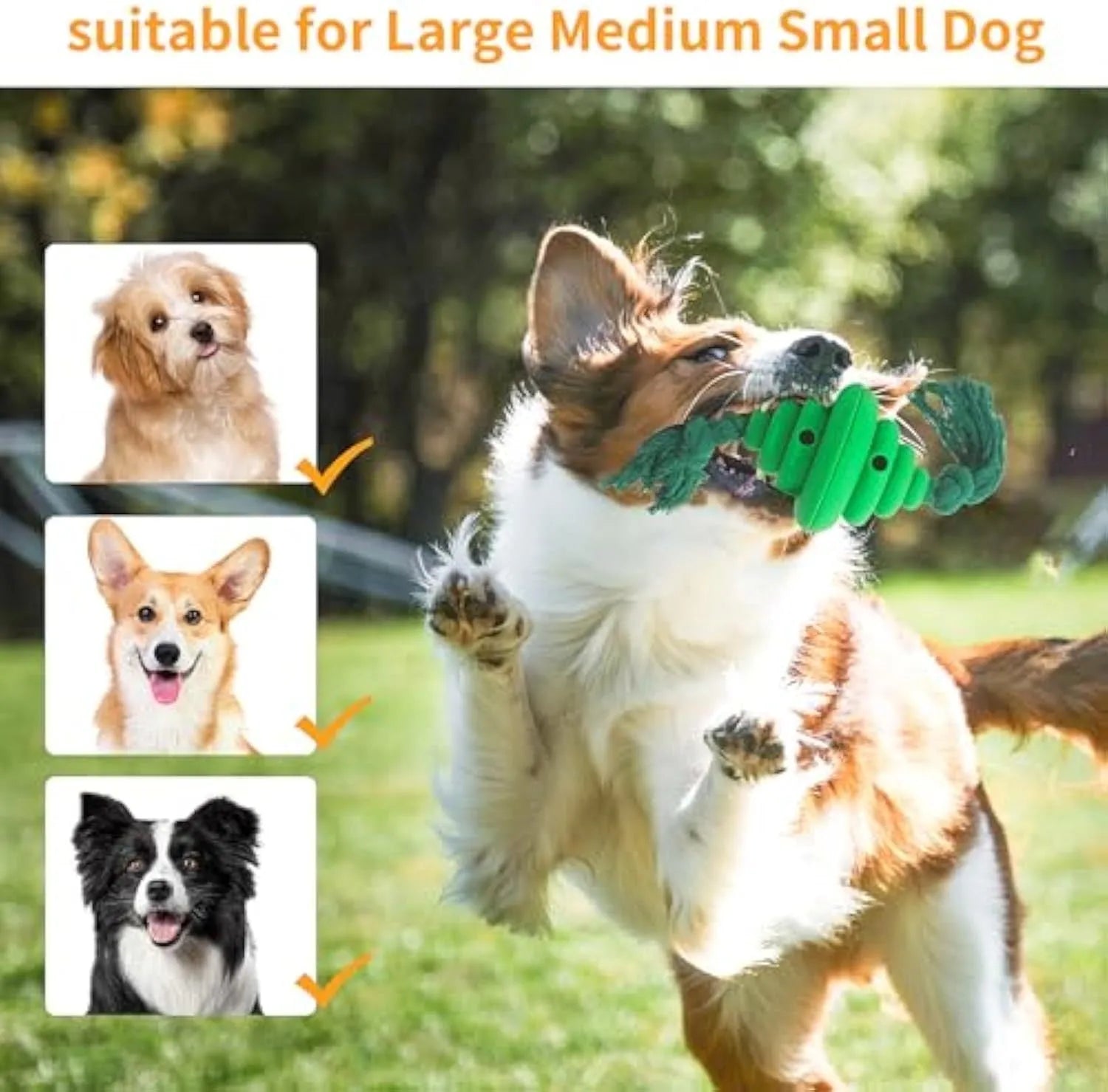 Green and yellow spiral dog ball with attached rope for tug-of-war and treat dispensing