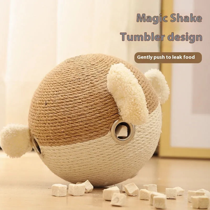 Puffer fish-shaped pet food feeder toy made from natural sisal hemp strips, 15cm cube design