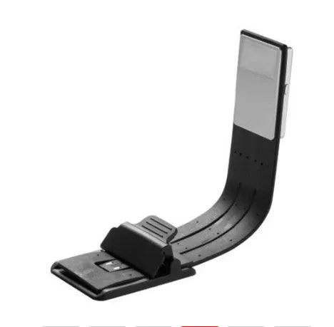 Black folding LED reading lamp showing extended 205mm length and adjustable brightness settings