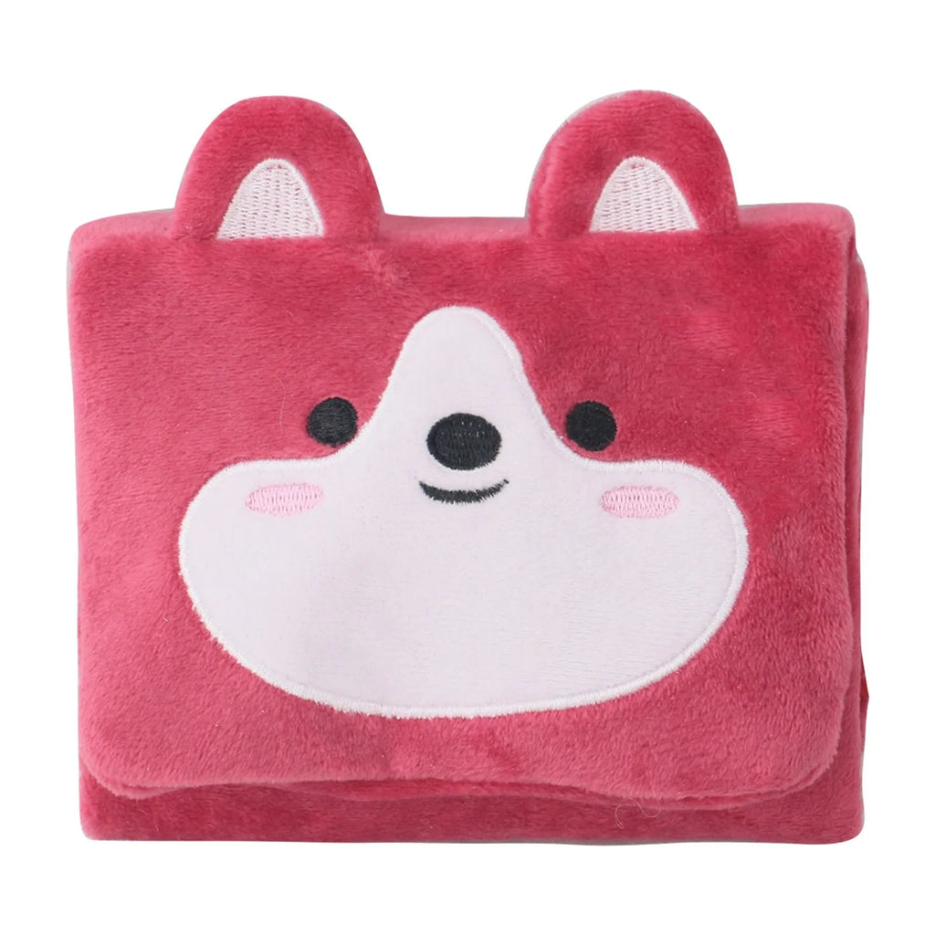 Plush dog snuffle mat with hide-food pockets, sound feature, and slow feeder design in brown, pink, or white.