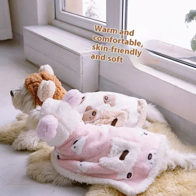 Coral fleece dog cloak robe warm bear cape in brown or pink, sizes S M L for small dogs