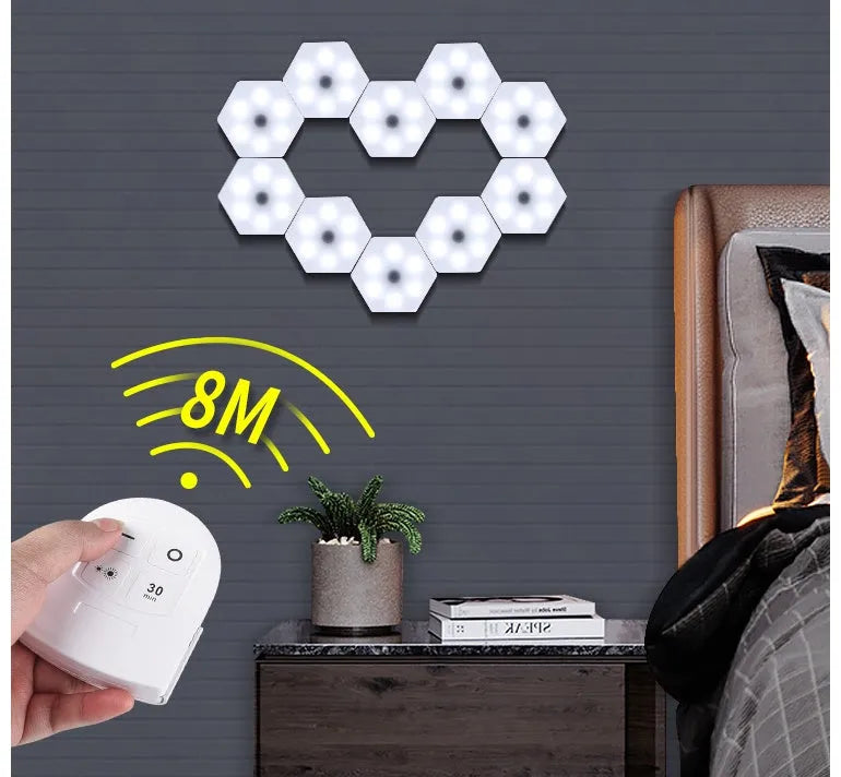 White rectangular remote control touch light with LED patches and separate handheld remote