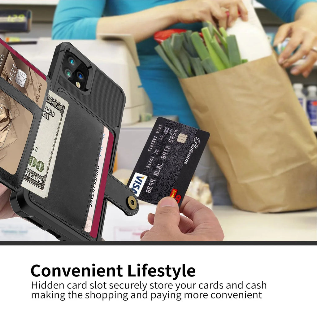 Imitation leather phone case with built-in card wallet and cash slot for iPhone, shown in multiple colours.
