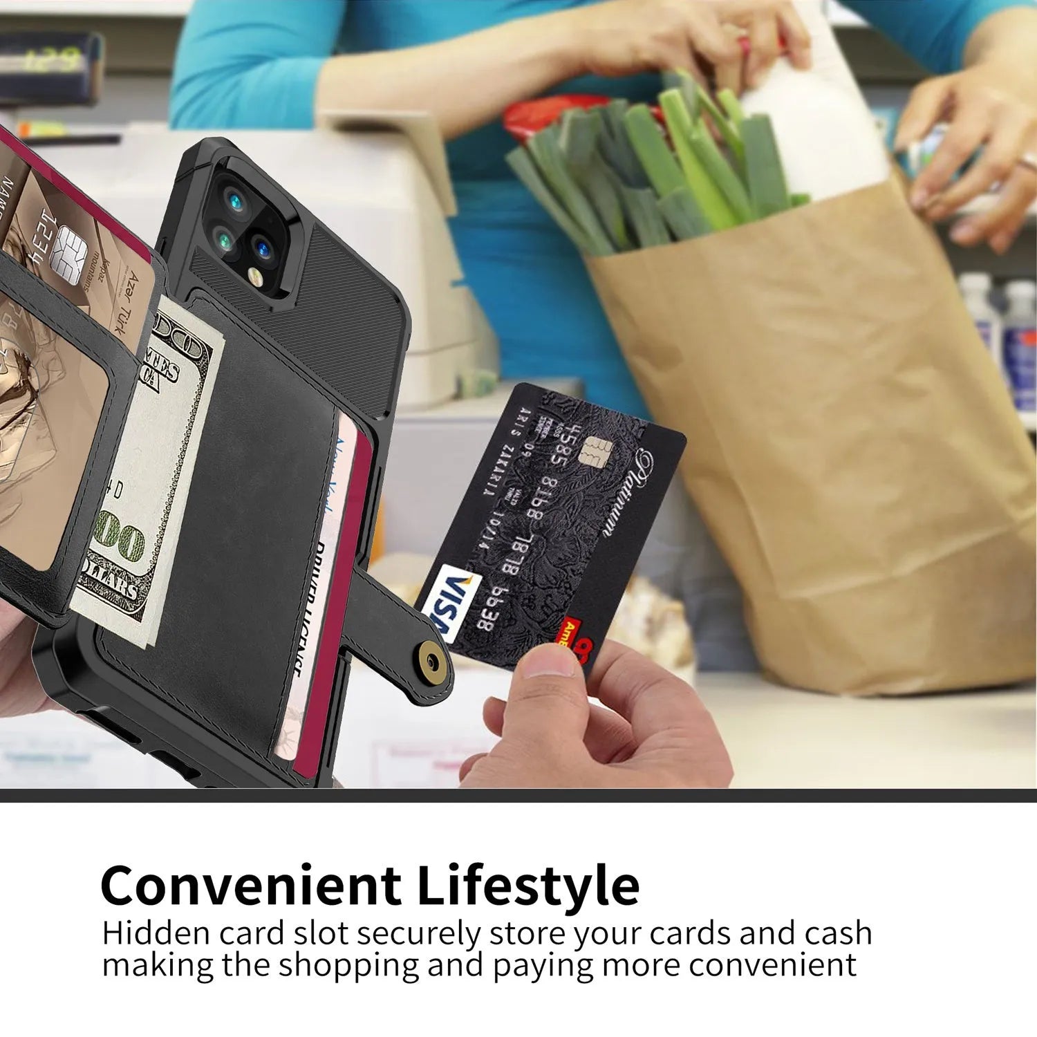 Imitation leather phone case with built-in card wallet and cash slot for iPhone, shown in multiple colours.