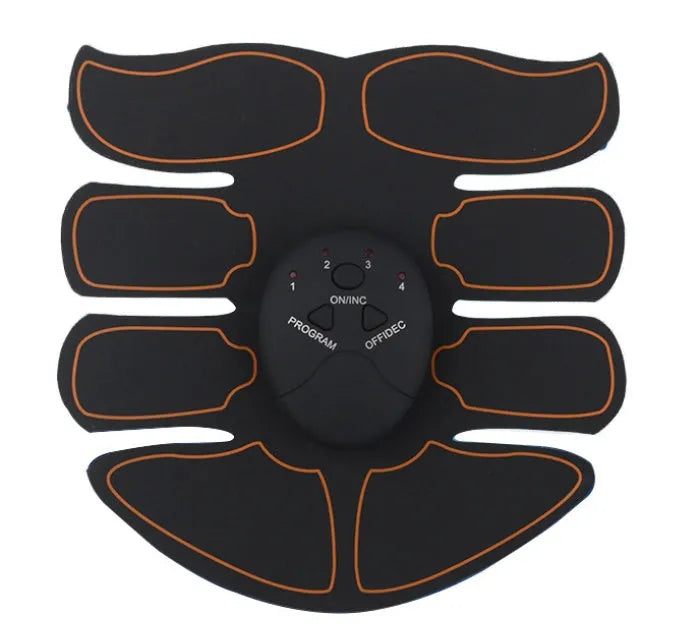 Compact EMS hip muscle training stimulator device with adhesive gel pads for buttocks and abdomen.