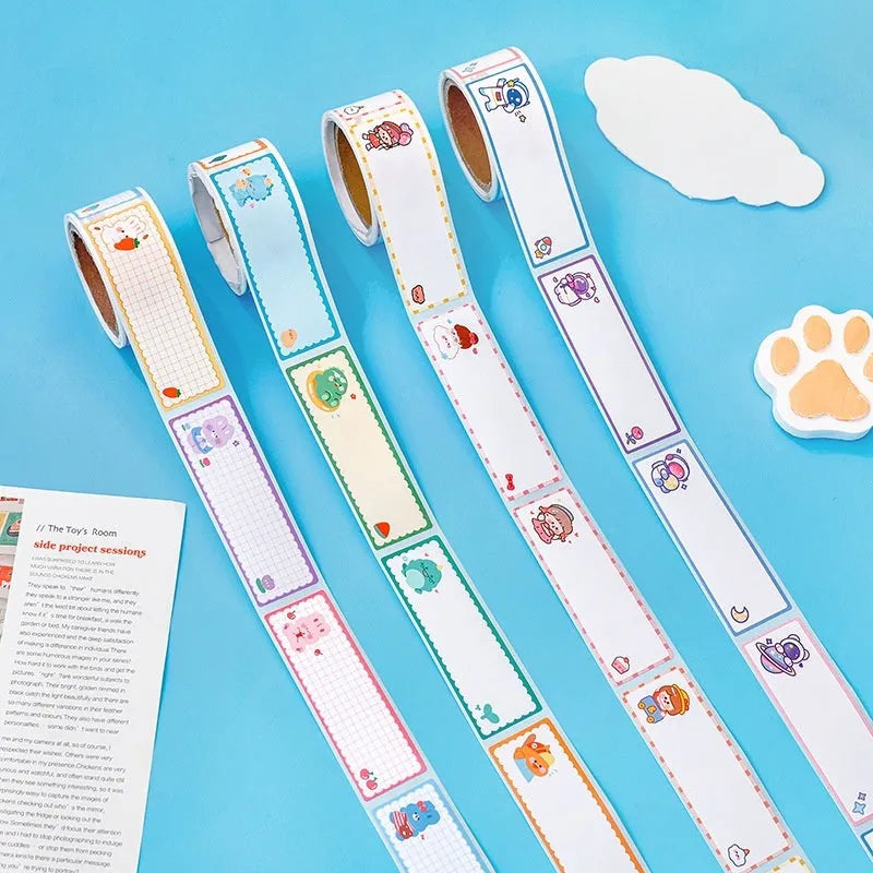 Roll of colourful cartoon name tape stickers with dinosaur and astronaut designs for labelling.