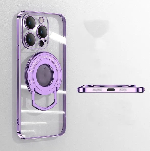 Transparent magnetic suction iPhone case with extended pull rod stand in far peak blue colour