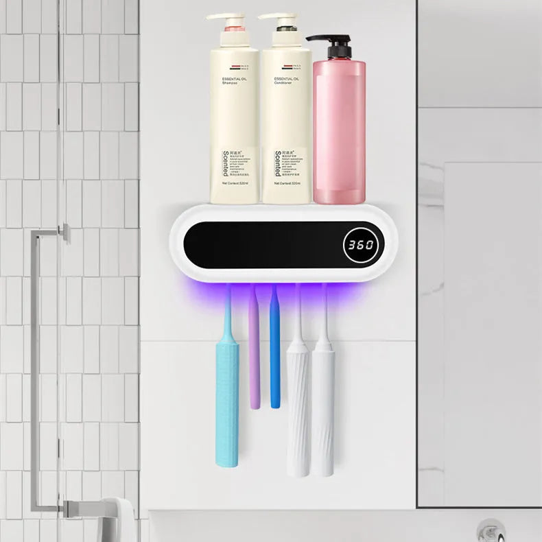 Ivory White wall mounted UV toothbrush steriliser holder with digital display and toothpaste squeezer.