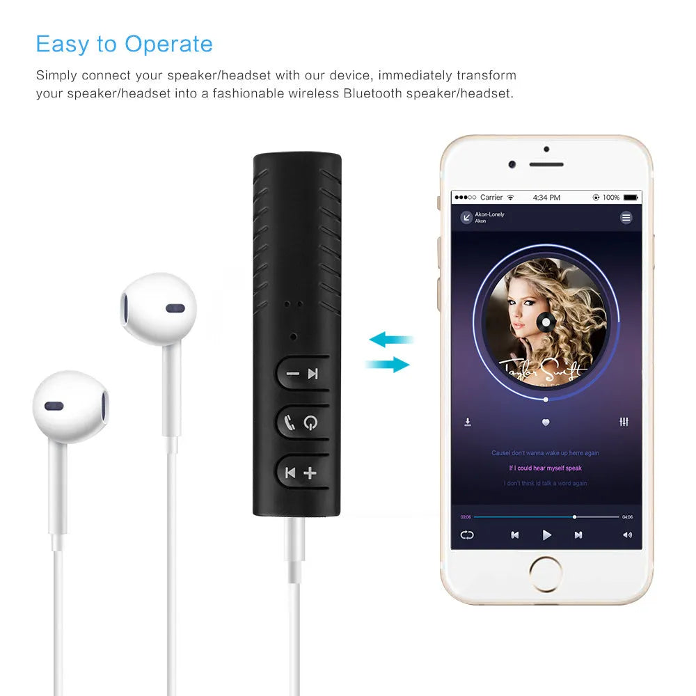 Black plastic Bluetooth car audio adapter with 3.5mm jack for wireless music streaming to car stereo
