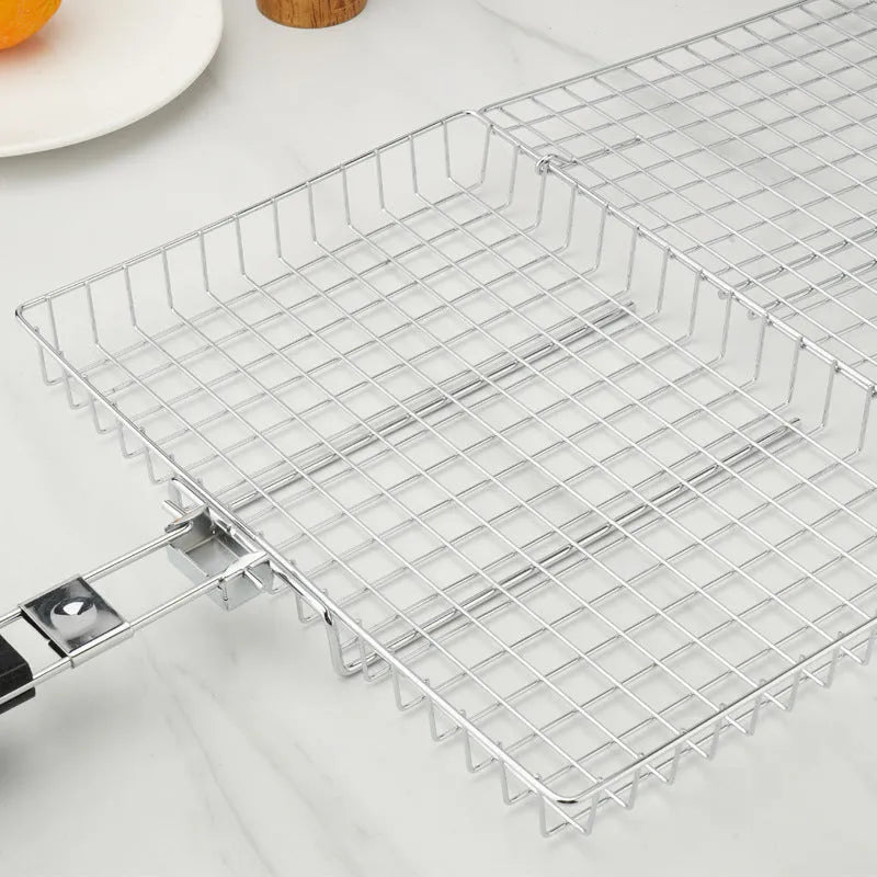 Folding handle BBQ clamp with square metal net for roasting chicken on outdoor grill