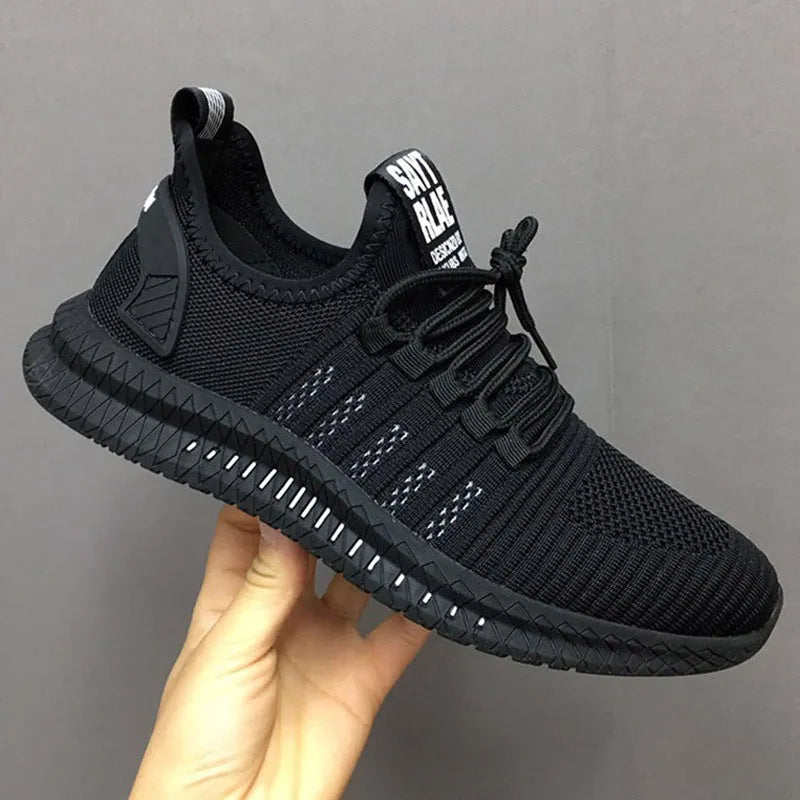 Pair of white stripe-pattern running shoes with mesh upper and MD outsole