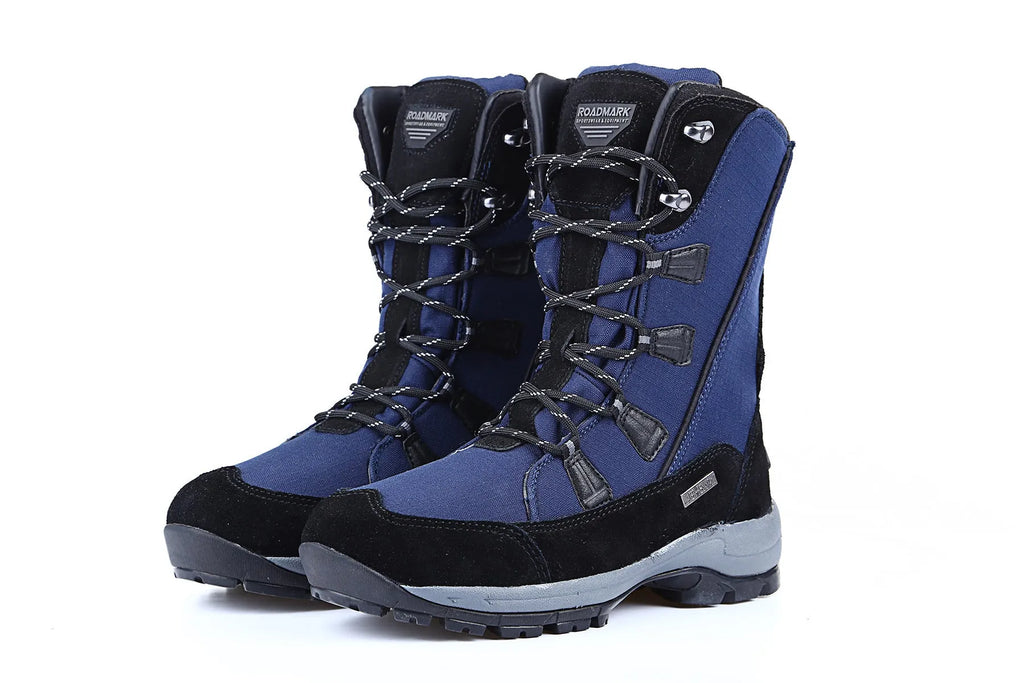 Women's black genuine leather mid-calf snow boots with a rubber sole on a white background.