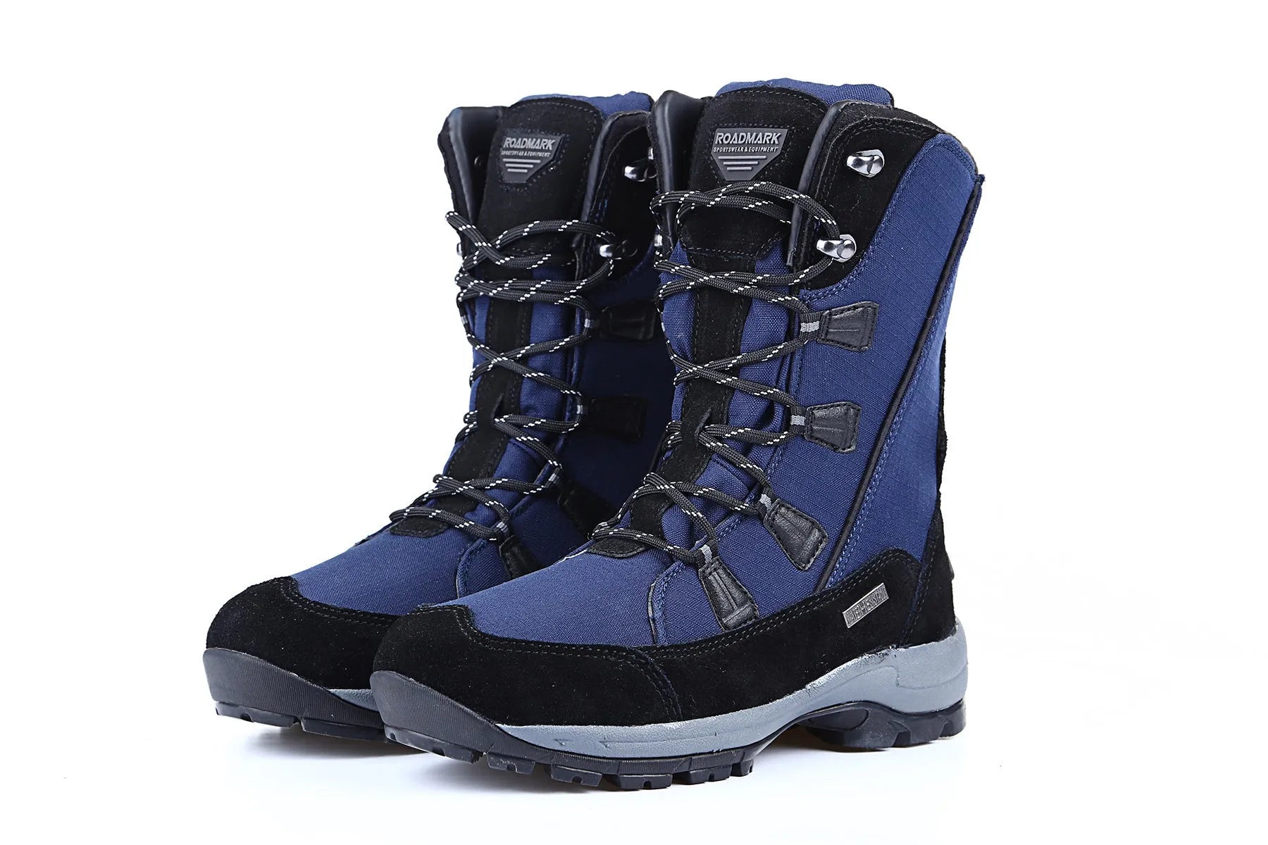 Women's black genuine leather mid-calf snow boots with a rubber sole on a white background.