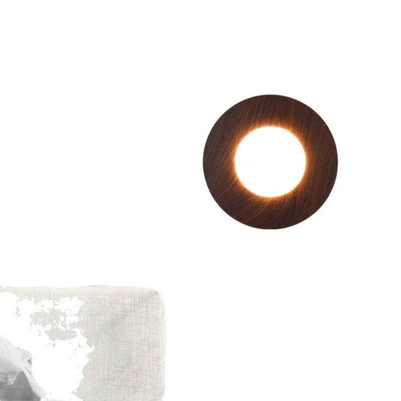 Round retro bedside wall lamp with yellow travertine lampshade and wood art body