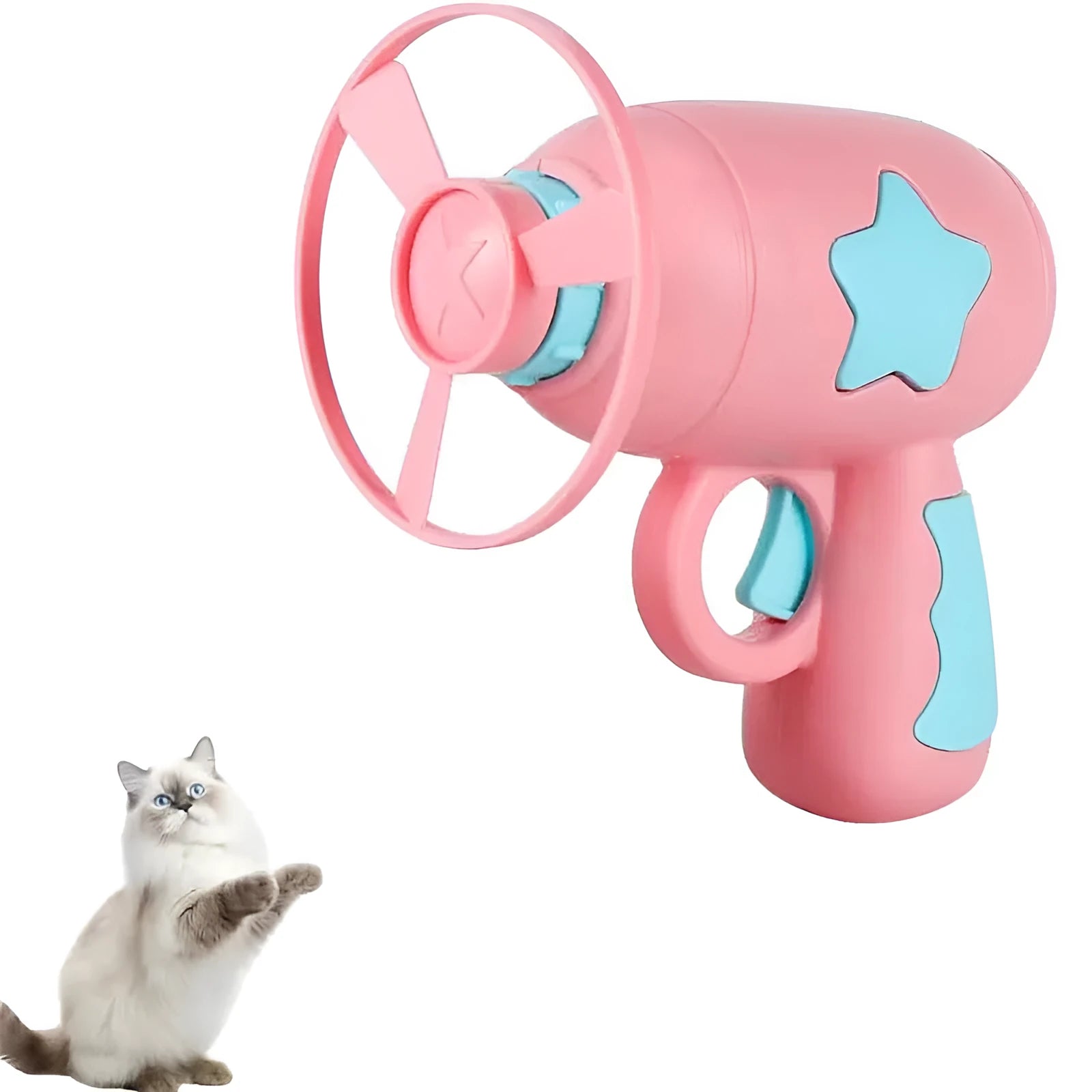 Blue plastic cat toy gun with spinning frisbee launcher for indoor play