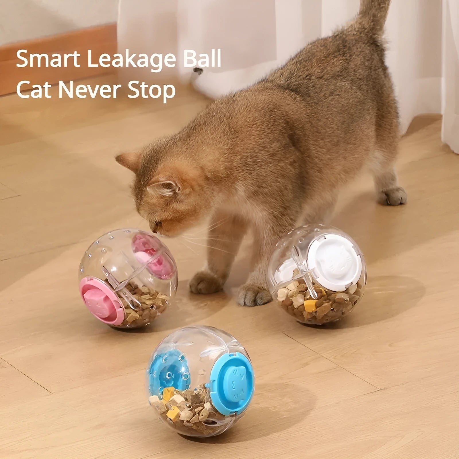 Blue ABS plastic slow feeder ball for dogs and cats measuring 11.5cm in diameter