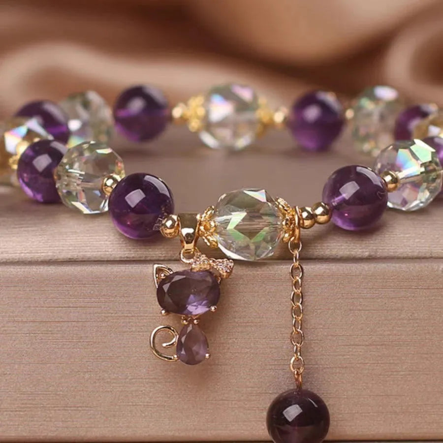 Natural purple amethyst crystal bracelet with nine-tailed fox pendant and flower charm