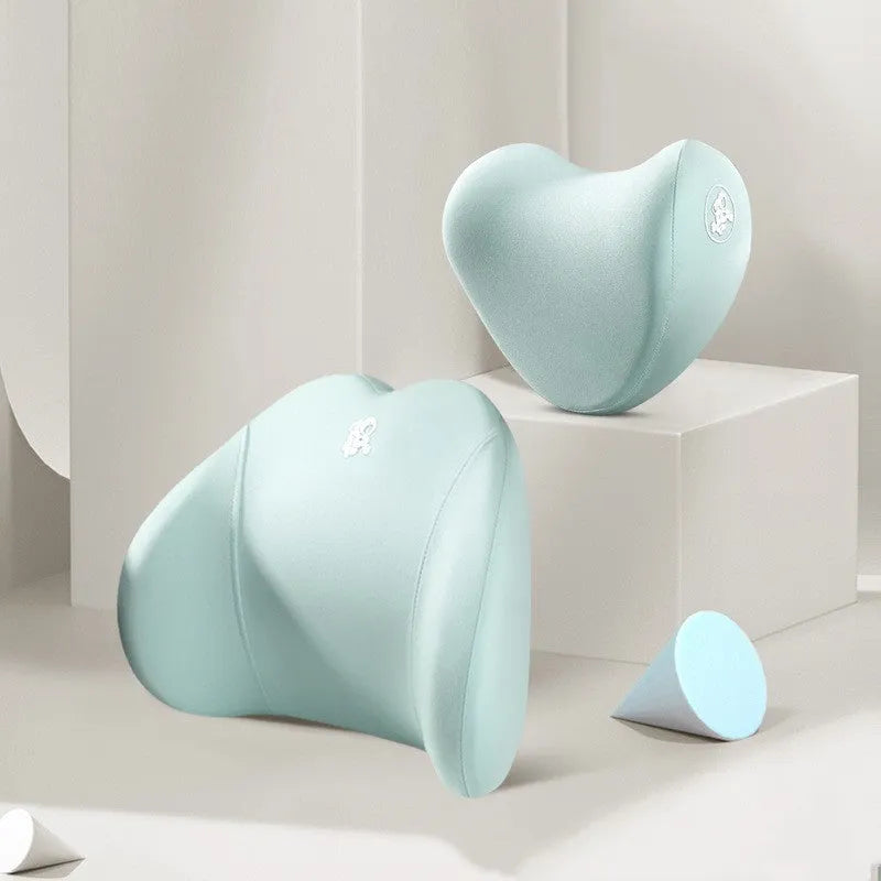 Heart-pattern memory foam car pillow set with headrest and lumbar support pillows in cotton cover