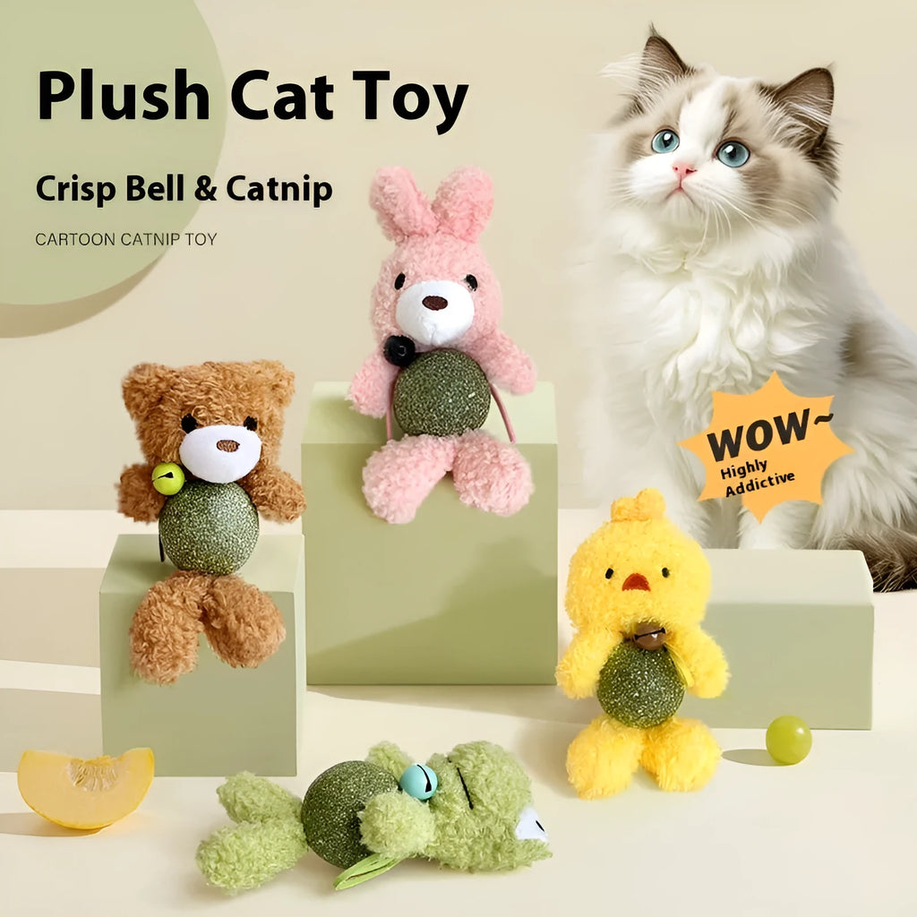 Brown Bear plush cat toy with a green mint ball and a small silver bell attached, shown next to a tape measure indicating 15cm height.