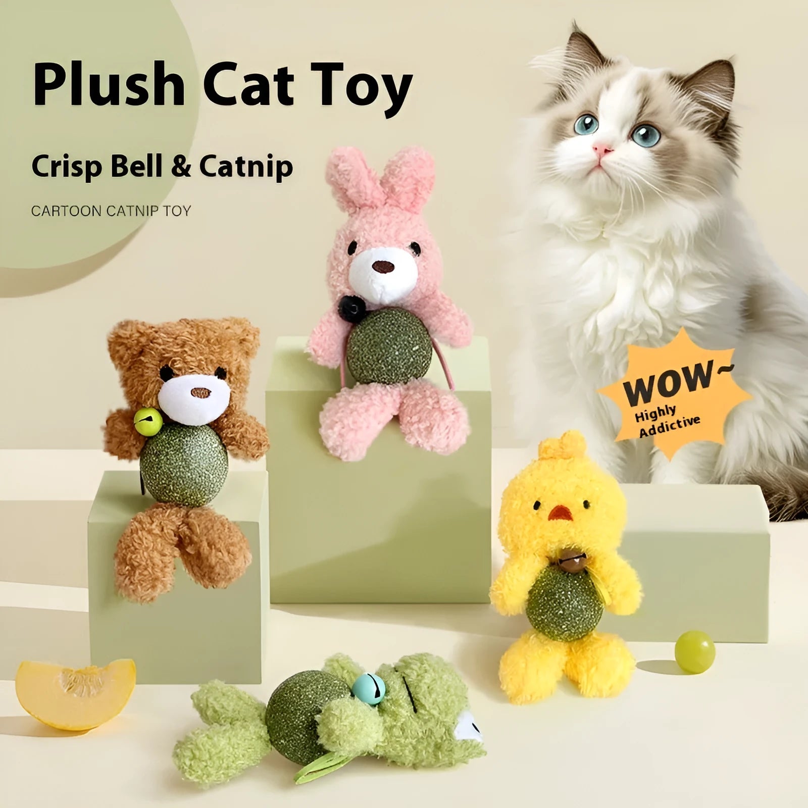 Brown Bear plush cat toy with a green mint ball and a small silver bell attached, shown next to a tape measure indicating 15cm height.