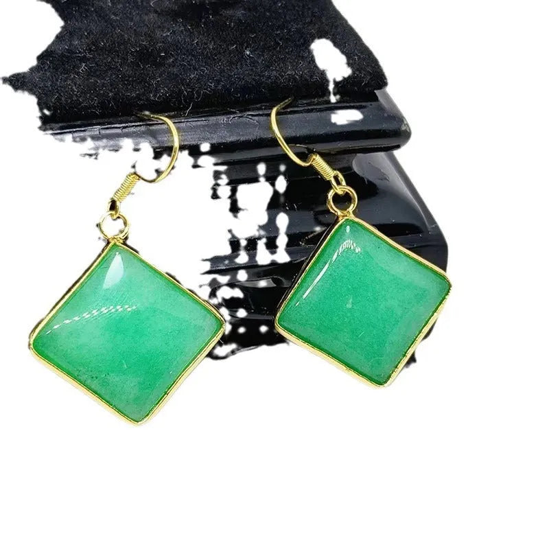 Emerald inlaid jade earrings for women square shape quartz rock lightweight 10g
