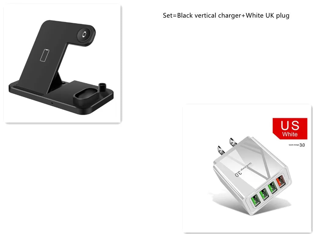 Black 4-in-1 wireless charging dock with phone on adjustable stand, Apple Watch and AirPods on charging modules