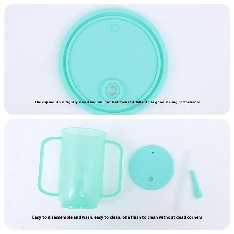 Adult polypropylene drinking cup with oblique choke-proof spout, lid, handle, and optional wrist splint.