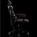 Black frame gaming chair with mesh fabric, nylon frame, double pillows, and reclining model steel feet