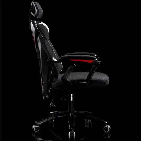 Black frame gaming chair with mesh fabric, nylon frame, double pillows, and reclining model steel feet