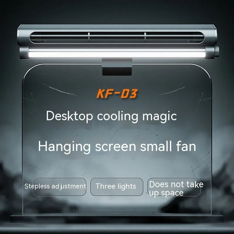 Black USB bladeless desk fan with a clamp, attached to a laptop screen, showing its integrated lighting lamp.