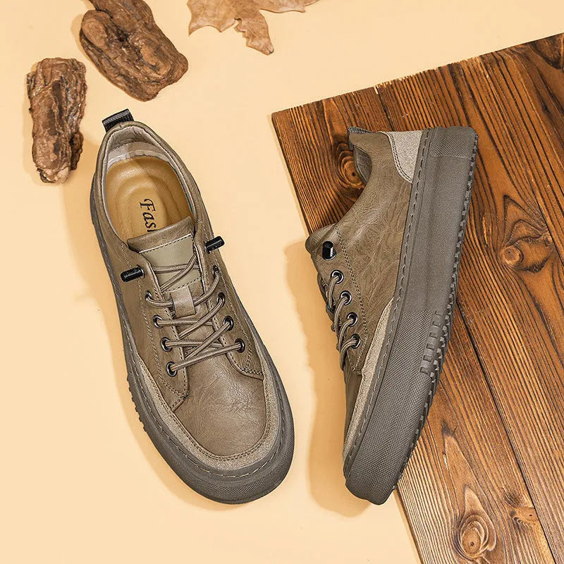 British round toe men's leather shoes in black or khaki with microfiber upper and rubber sole