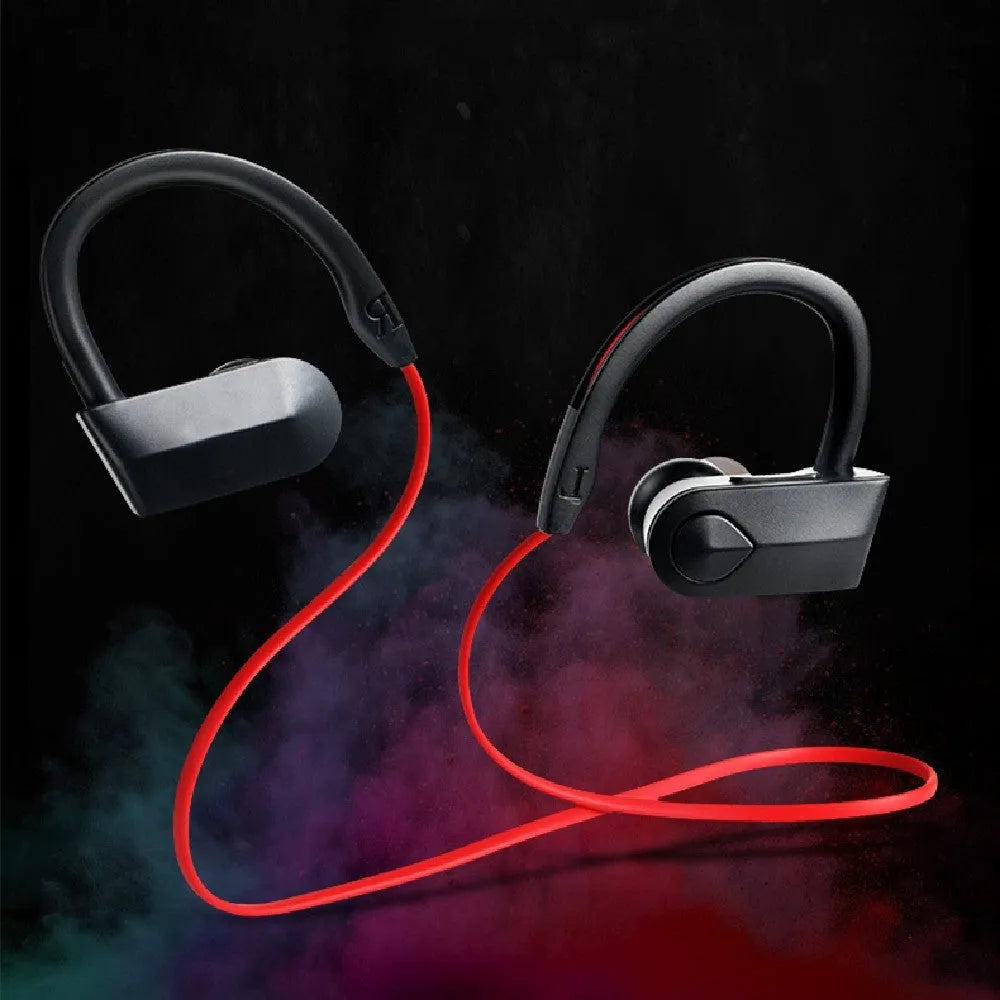 Black wireless neckband Bluetooth earphones with in-ear buds and a USB charging cable.