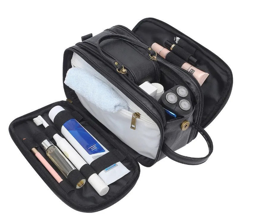 Men's solid colour PU toiletry bag for travel storage in black or brown