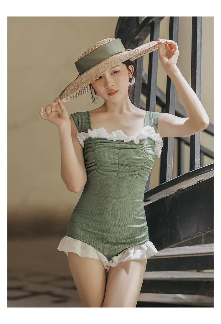 Korean style high-waist one-piece swimsuit in quick-drying polyester