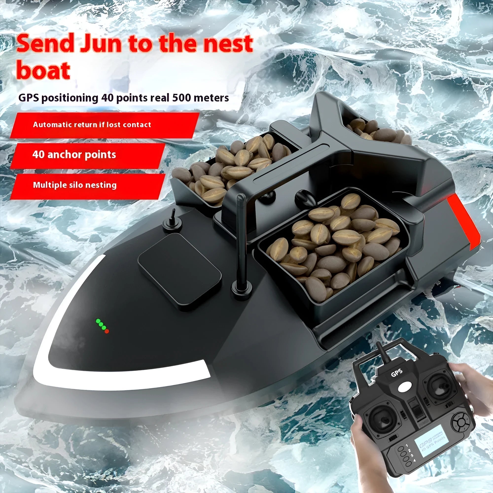 V020 GPS remote control fishing boat in luminous yellow on water, showing remote control with display.